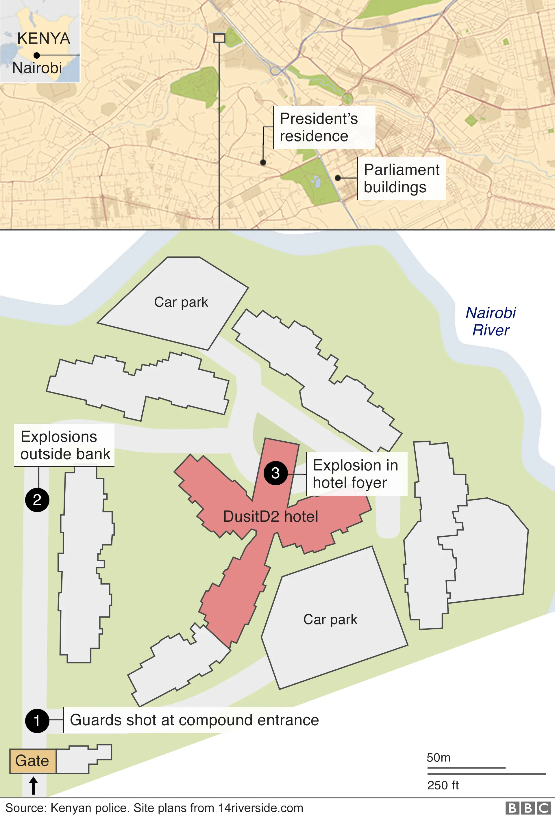 A map shows the complex in Nairobi where attackers opened fire on Tuesday
