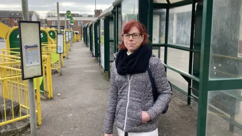 BBC Linda Snelling, from Somerset Bus Partnership and the Yeovil Bus Users group, at Yeovil bus station