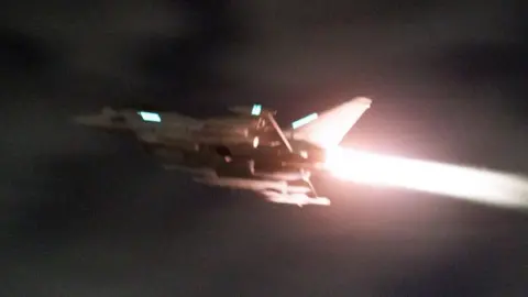 UK Ministry of Defence RAF Typhoon takes off from RAF Akrotiri at night