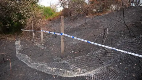 PA Area of darkened ground and sparse vegetation cordoned off with blue-and-white tape and temporary fencing on a sloping embankment.