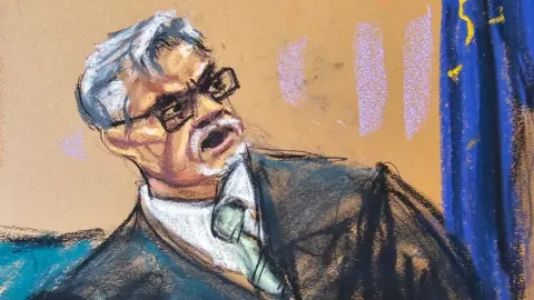 Sketch of Justice Juan Merchan scolding witness Robert Costello