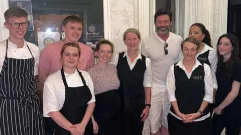 Steeton Hall Hotel and Restaurant Hugh Jackman with staff at Steeton Hall Hotel