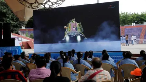 Reuters A live simulation of the landing shown on a big screen in Ahmedabad