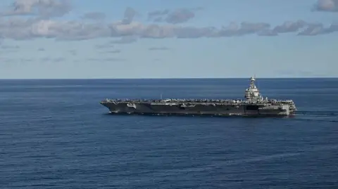 Getty Images The world's largest aircraft carrier USS Gerald R Ford sails in the North Sea during NATO Neptune Strike 2025 exercise on 24 September 2025