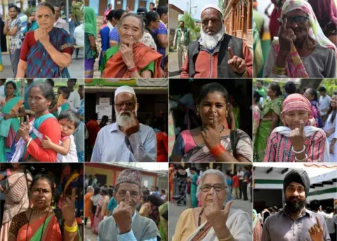 AFP This combination of pictures taken and created on April 18, 2019 shows Indian voters showing their ink-marked fingers after casting their vote during the second phase of the mammoth Indian elections at various polling stations across India. -