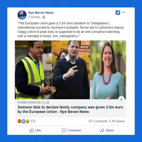 Facebook Post from "Nye Bevan News" with headline "Swinson fails to declare family company was given 3.5m euro"