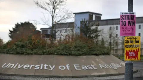 Getty Images Signs supporting the strike on the main campus of the University of East Anglia