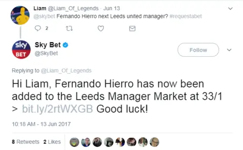 @Liam_of_Legends/@SkyBet Interaction between Twitter user and Sky Bet