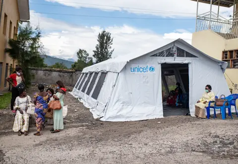 Olivia Acland / UNICEF A vaccine tent run by Unicef has been set up in the grounds of a Goma hospital