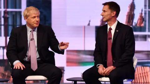 BBC Boris Johnson (left) and Jeremy Hunt during the BBC Conservative Leadership televised debate on June 18, 2019