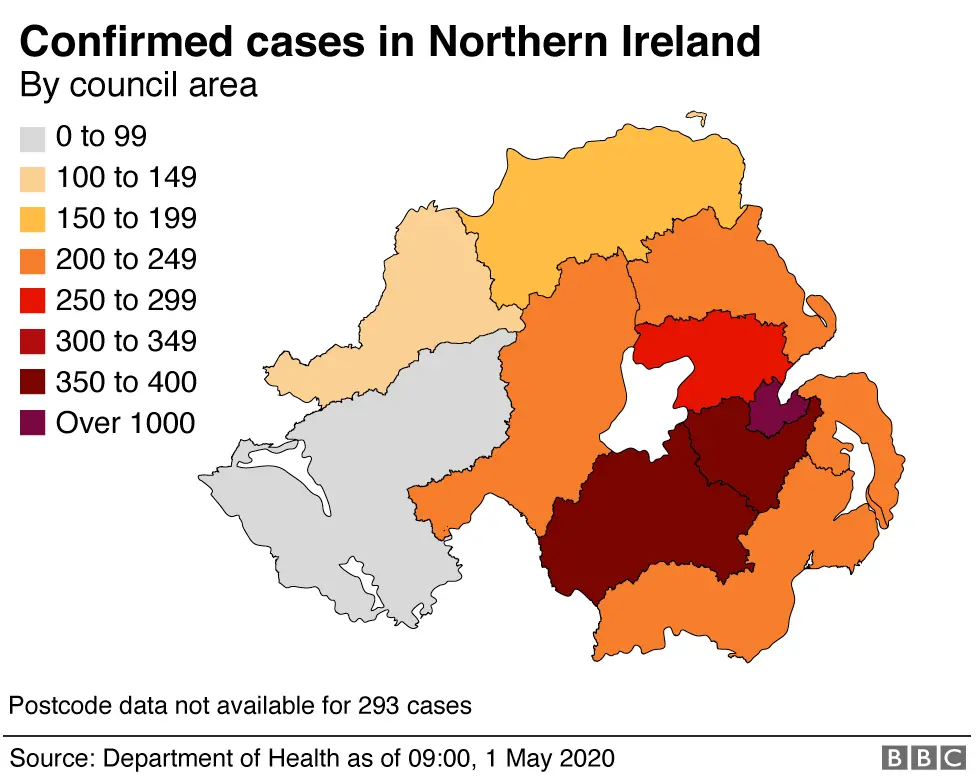 Map showing confirmed coronavirus cases in Northern Ireland as of 1 May