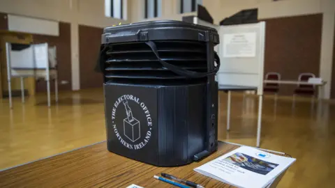 A ballot box at a polling station in south Belfast ahead of the Northern Ireland council elections in 2023
