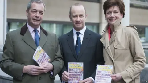 PA Henry Bolton campaigning with former leaders Nigel Farage and Diane James in 2016