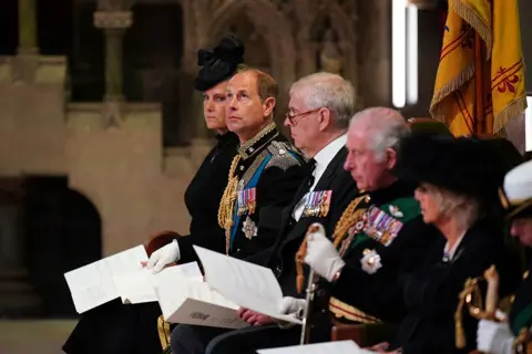 Jane Barlow/PA The Countess of Wessex, the Earl of Wessex, the Duke of York, King Charles III and the Queen Consort during a Service of Prayer and Reflection for the Life of Queen Elizabeth II at St Giles' Cathedral