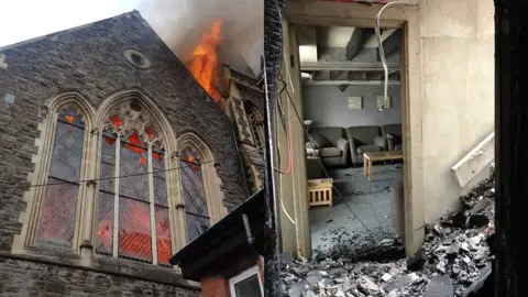 On the left, a fire engulfs Bethel Community Church. On the right, the prayer room and its furniture survived relatively unscathed.
