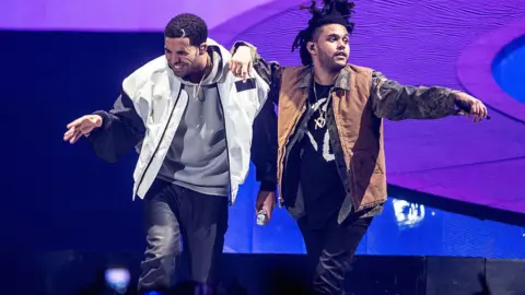 Getty Images Drake and The Weeknd perform on stage at Nottingham Capital FM Arena in 2014