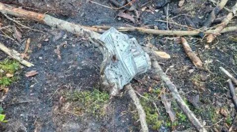 Hampshire and Isle of Wight Fire and Rescue Service A crumpled up disposable BBQ among sticks on the burnt floor.
