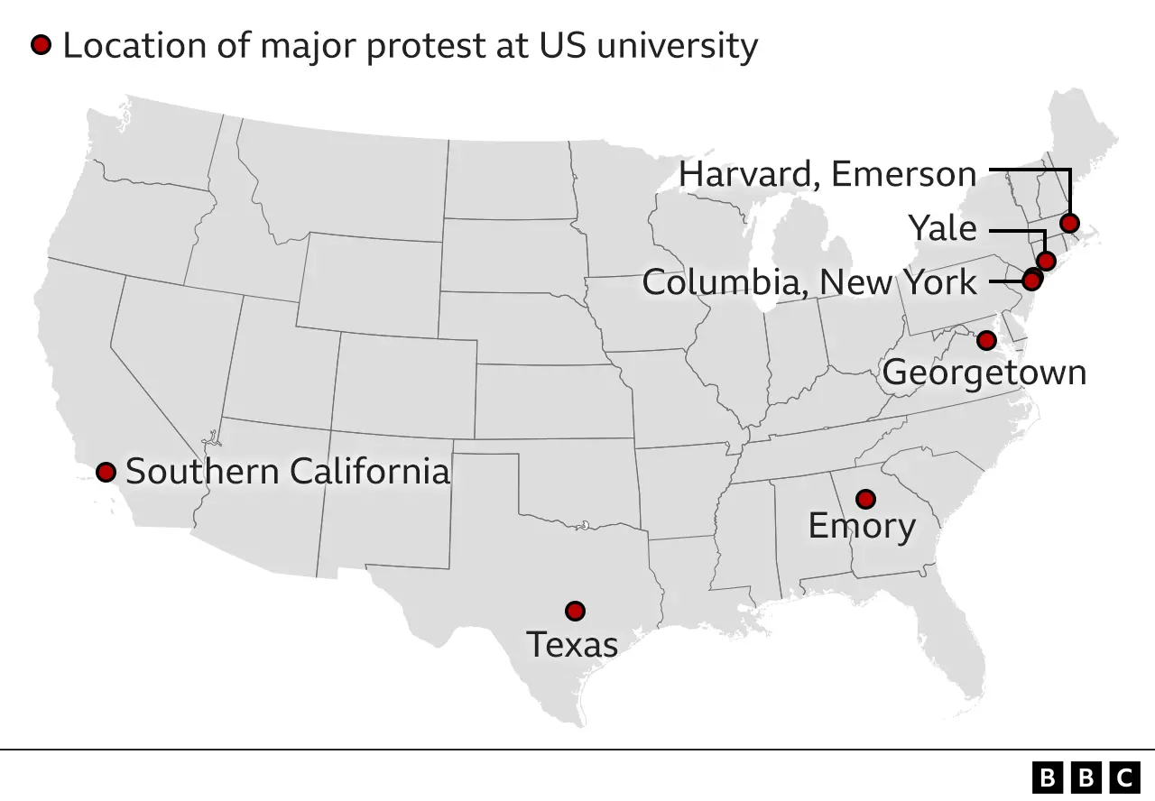 Map showing the location of major protests at universities across the US