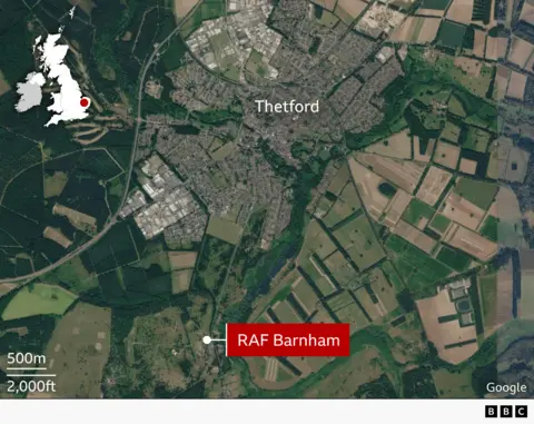 BBC/GOOGLE Satellite map showing Thetford, Norfolk, surrounded by farmland and woodland. A locator inset highlights the town’s position within England. RAF Barnham is marked south of Thetford, with roads, industrial areas, and a distance scale visible.
