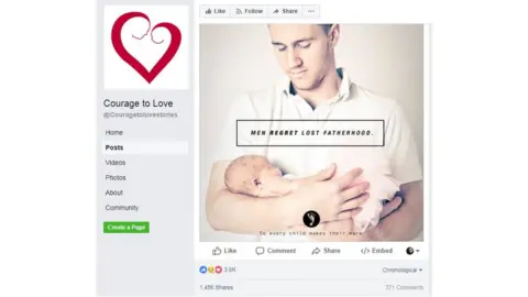 Facebook/Couragetolovestories a Facebook post with a picture of a man holding a baby, caption "men regret lost fatherhood"