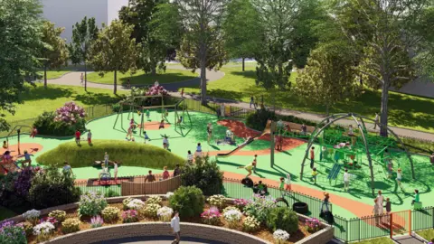 Parish of St Helier/RedLynch An artist's impression of what the new playground for older children could look like, featuring a slide, metal-framed swings, and a metal-framed climbing frame