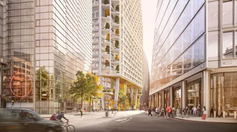 A visualisation showing the planned building, at the centre of the image 