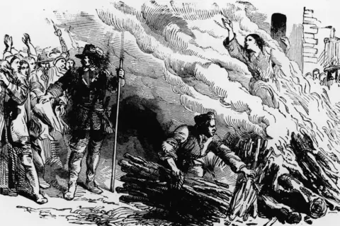 Kean Collection An illustration depicts a woman being burned at the stake for the crime of engaging in witchcraft, circa 1692. (Photo by Kean Collection/Getty Images)