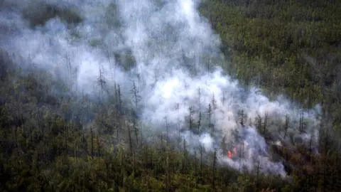 Getty Images This aerial picture taken from an airplane shows the smoke rising from a forest fire outside the village in Siberia, 27 July 2021