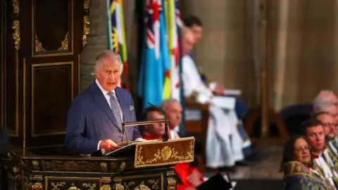 Getty Images King Charles II delivered his Commonwealth Day message during the annual Commonwealth Day Service at Westminster Abbey in London on 13 March, 2023