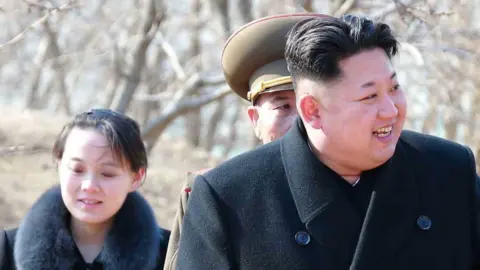 EPA An undated picture released by the North Korean Central News Agency (KCNA) on 12 March 2015 shows North Korean leader Kim Jong-un (R) and Kim's younger sister Kim Yo-jong (L) touring a military unit on an island off the North Korean mainland near the sea border with South Korea in the East Sea