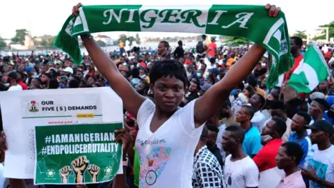 Getty Images Protesters at Lekki toll gate