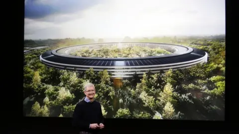 Getty Images Apple boss Tim Cook in front of a rendering of the company's campus