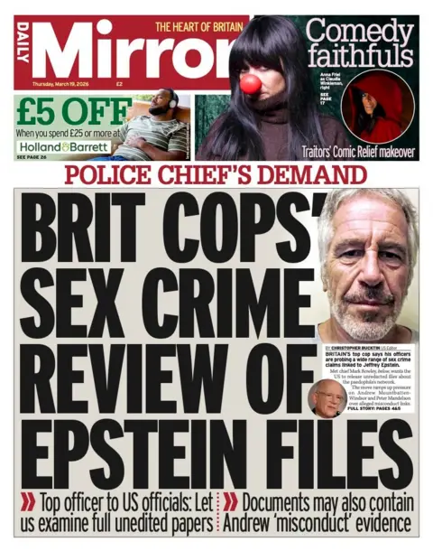 The headline on the front page of the Daily Mirror reads: "Brit Cops' Sex Crimes Review Of Epstein Files."