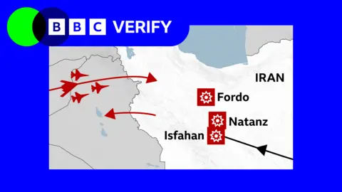 A branded graphic from BBC Verify showing a map of Iran and neighbouring countries, and the route taken by US planes from the west before striking three Iranian nuclear sites at Isfahan, Natanz and Fordo. It also shows how US missiles were fired from the east at Isfahan. 