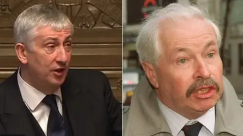 BBC/PA Media Sir Lindsay Hoyle on the left speaking wearing a dark suit and tie, while his father speaks outside in a beige jacket and tie in a separate photo