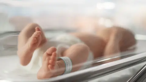 An image of a newborn baby in a hospital bassinet