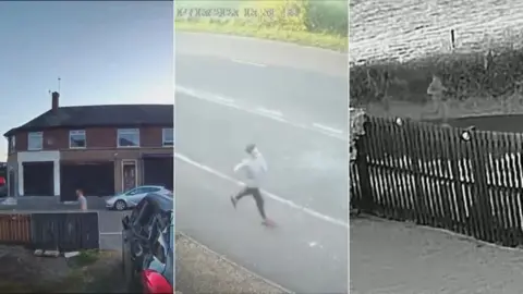 Three pictures from CCTV footage showing Cole. In the image on the left he is walking past a fence; in the middle one he seems to be running along a road, and in the third - which is black and white - he also appears to be running.