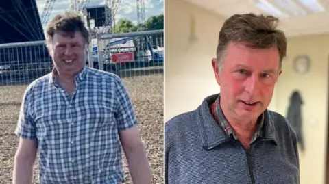 Basil Duddridge before and after the metabolic course. In the left hand photo he is wearing a checked blue and white shirt and on the right he appears thinner and is wearing a dark blue jumper.