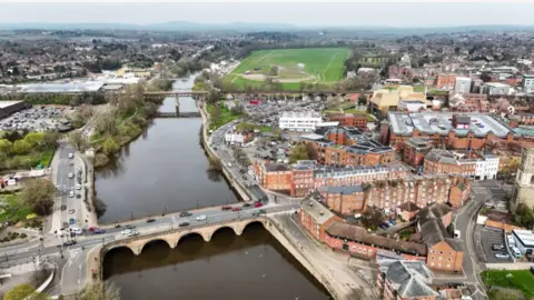 PA Birds-eye view of Worcester city centre showing the River Severn