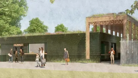 South London Swimming Club/WR-AP Architects An artist's impression of the new entrance to the lido, featuring a wooden structures and a cafe set into a green tiled wall.