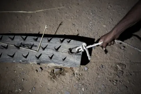 Getty Images (Enrico Fabian) Nails used by cow vigilantes to force lorries to stop