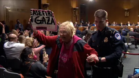 Protester at US Senate hearing