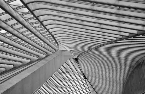 Suraj Garg / APA18 A black and white photo of a train station ceiling made out of metal and glass