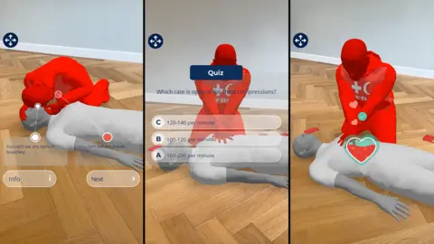 Snap A few images depicting the app in action, showing a figure performing CPR and a quiz testing users on what they have learned