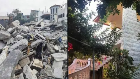 Handout Image showing a pile of concrete and rubble on the left, and a view of the multi-storey house and courtyard before it was damaged