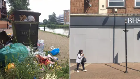 Composite image with an overflowing bin on the left and the closed BHS store on the right.