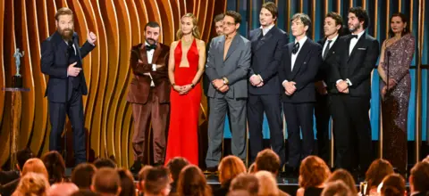 Getty Images Kenneth Branagh, Emily Blunt, Cillian Murphy, Robert Downey Jr. and the cast of "Oppenheimer" at the 30th Annual Screen Actors Guild Awards held at the Shrine Auditorium and Expo Hall on February 24, 2024 in Los Angeles, California.