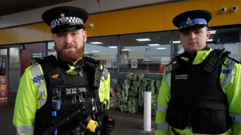 BBC PC Danny Nelson and PCSO Harry Bradley out on patrol