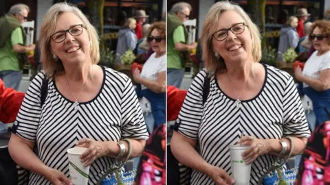 Green Party of Canada The original photo on the left shows Elizabeth May holding a compostable cup and the edited image on the right shows her holding a plastic reusable cup