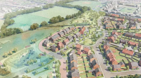 An image of dozens of new homes from above and on the left is a green space with trees. 